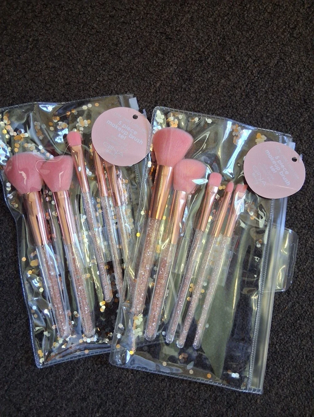 Pink Glitter Makeup Brush Set with Rose Gold Handles 2 SETS
